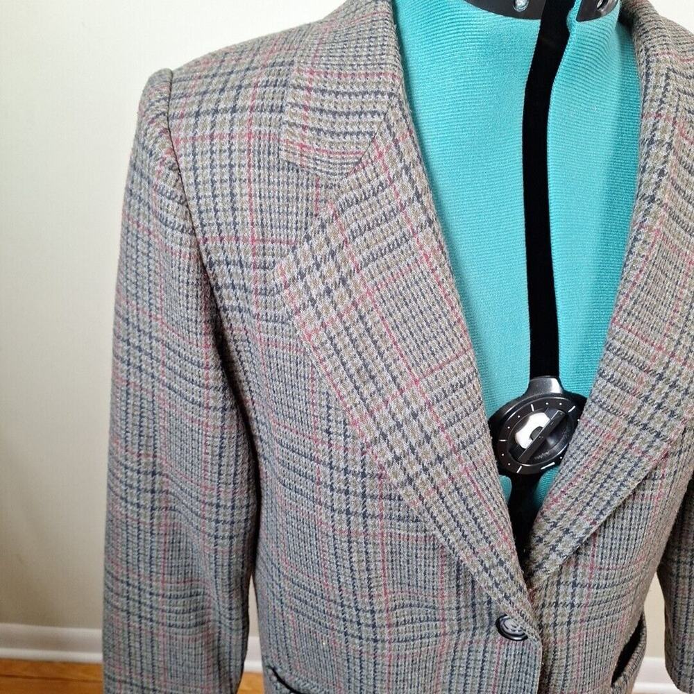 Vintage Sag Harbor Gray Green Plaid Wool Blnd Blazer Women Size 14P Petite - Picture 3 of 9